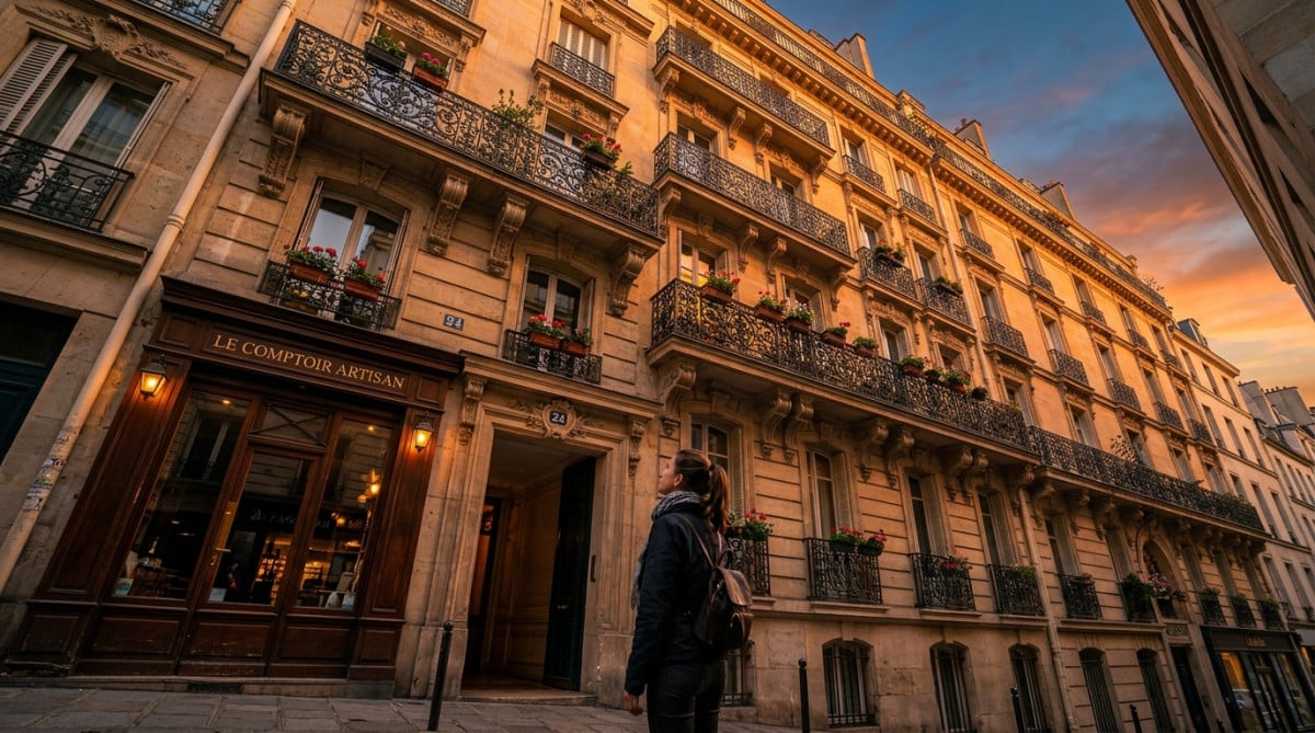 Façade d'immeuble haussmannien vue du rez-de-chaussée vers les étages