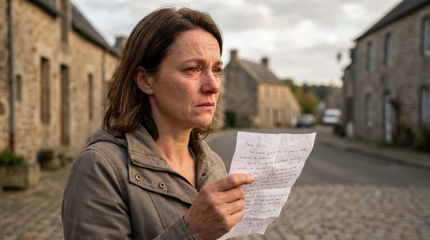 Femme en détresse tenant un papier dans un village rural