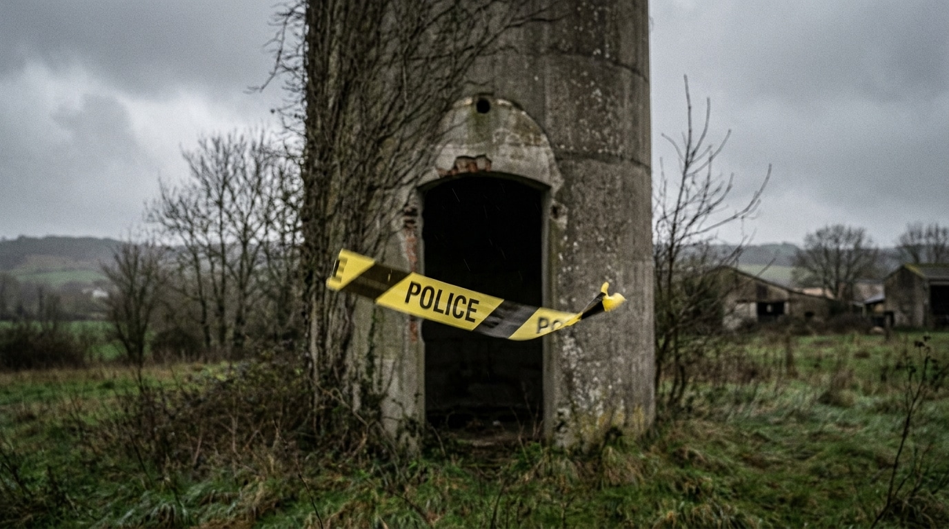 Silo désaffecté dans la campagne française avec ruban de police