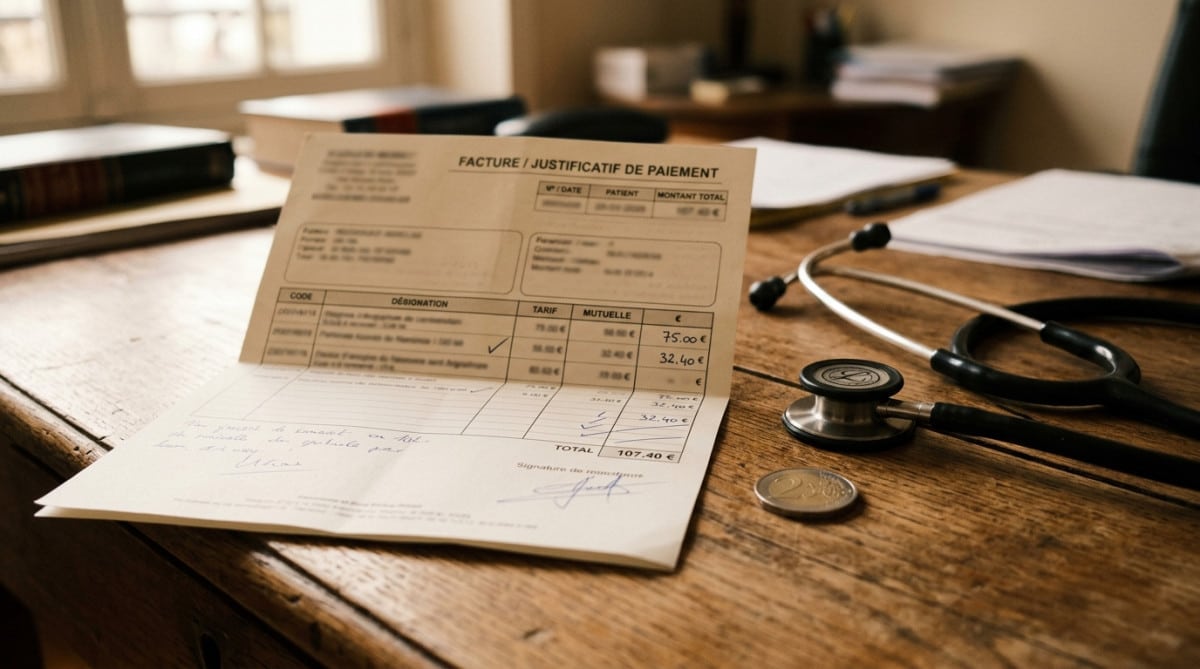 Facture médicale posée sur un bureau avec stéthoscope