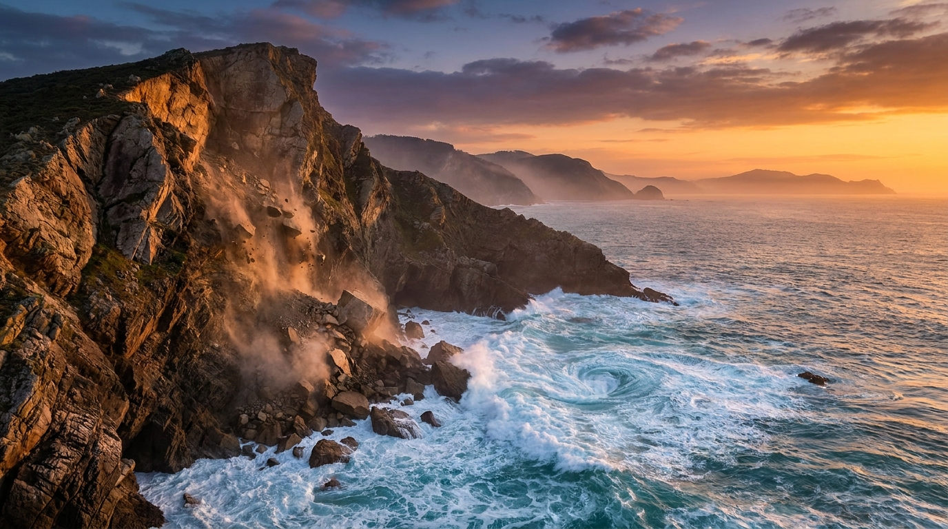 Falaise côtière s'effondrant dans la mer au crépuscule
