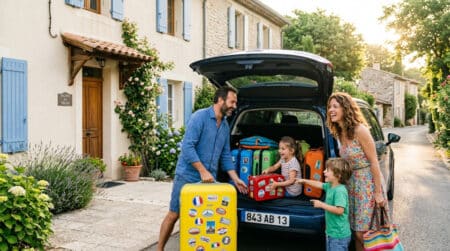 Famille française chargeant des valises pour les vacances