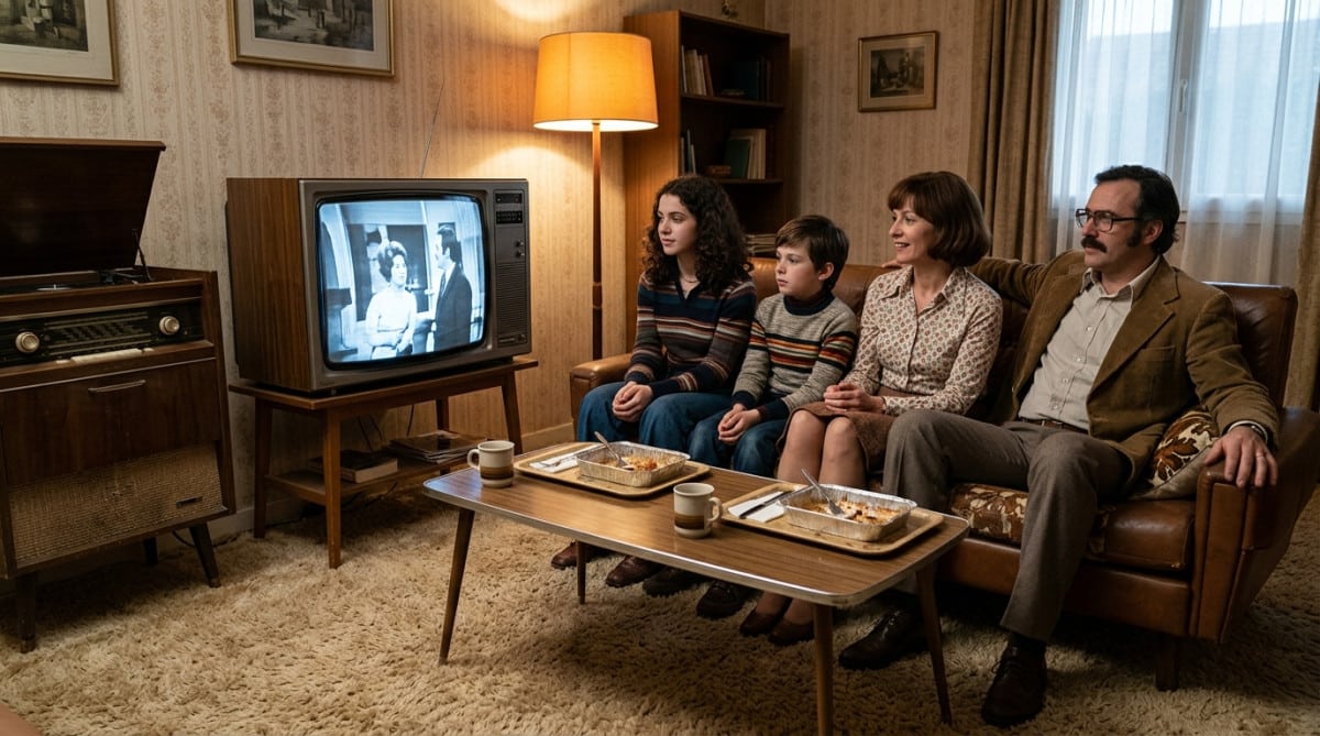 Famille française des années 70 réunie devant la télévision au salon