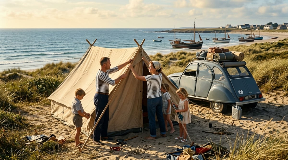 Famille française installant une tente sur la dune dans les années 60