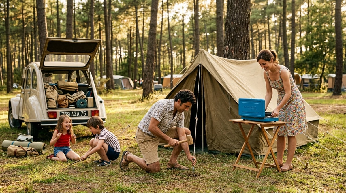 Famille française montant une tente canadienne dans un camping des années 70