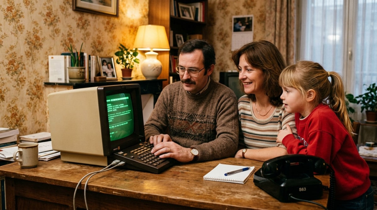 Famille française utilisant un Minitel dans les années 1980