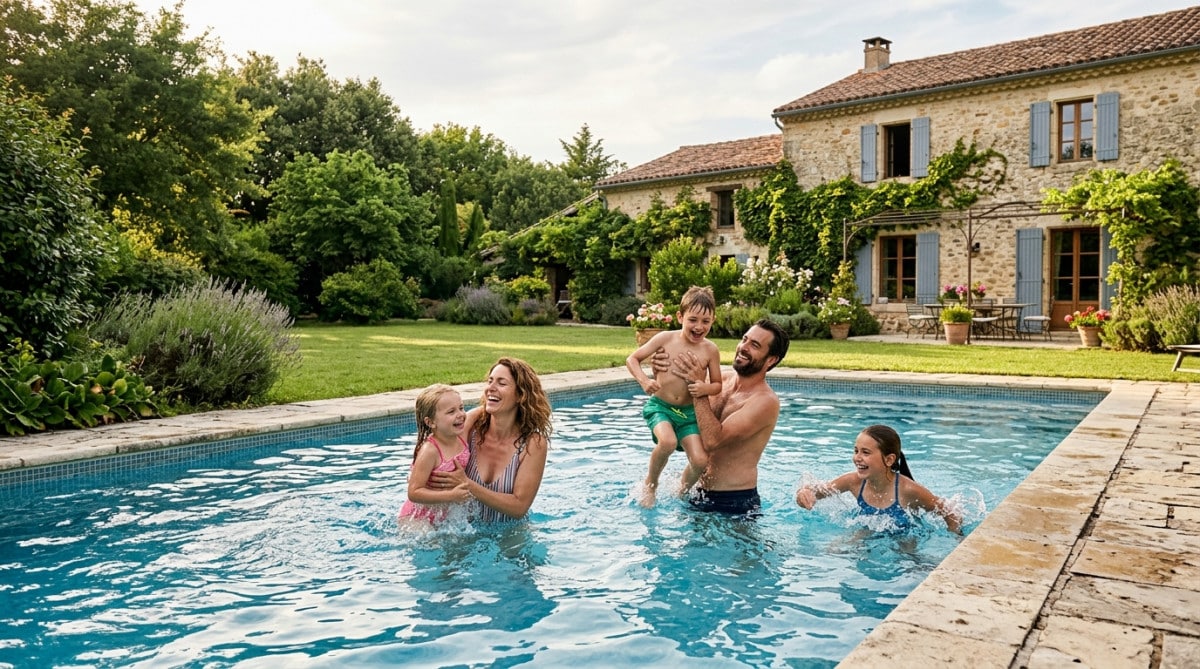 Famille profitant d'une piscine privée dans un jardin spacieux
