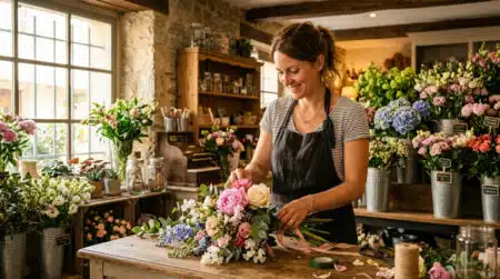 Fanny fleuriste prépare un bouquet dans sa boutique