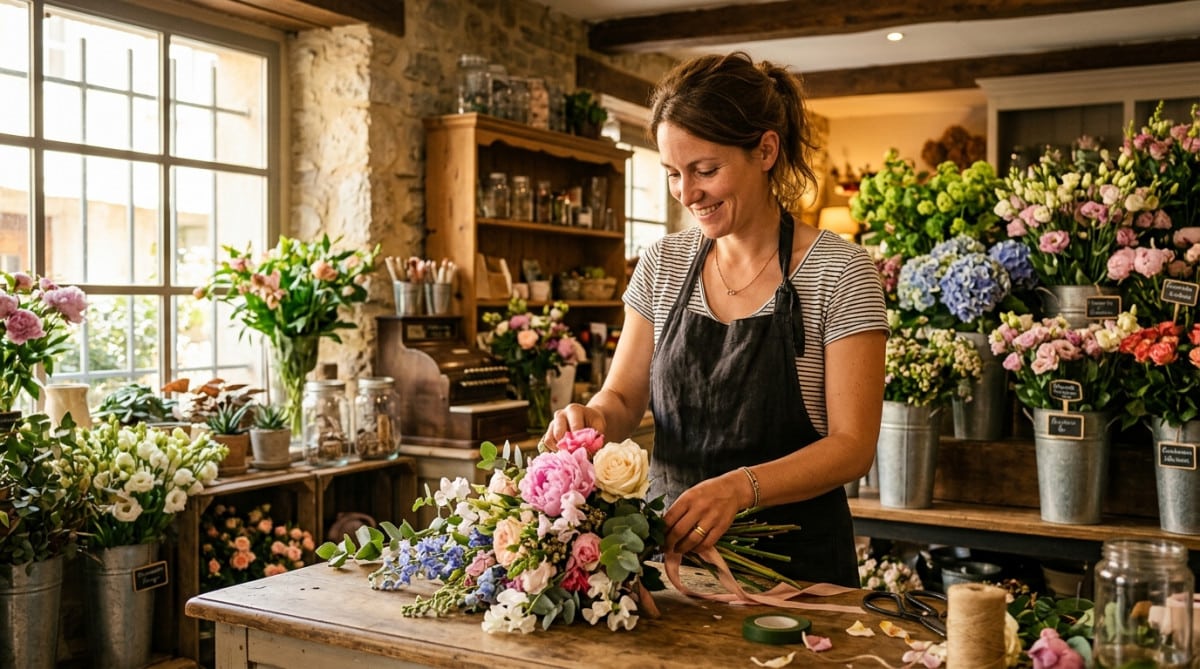 Fanny fleuriste prépare un bouquet dans sa boutique