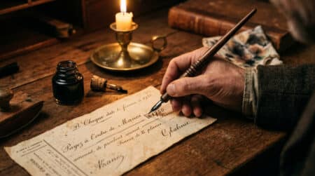 Faussaire modifiant un chèque ancien à la plume au XIXe siècle