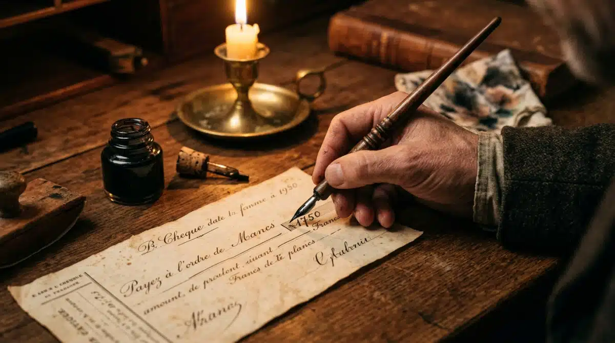 Faussaire modifiant un chèque ancien à la plume au XIXe siècle
