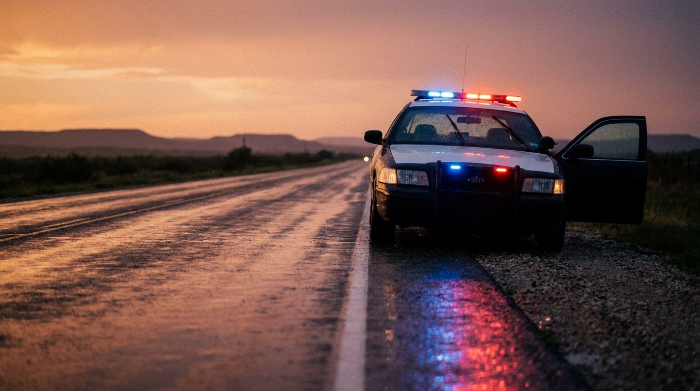 Voiture de police arrêtée sur une autoroute texane au crépuscule
