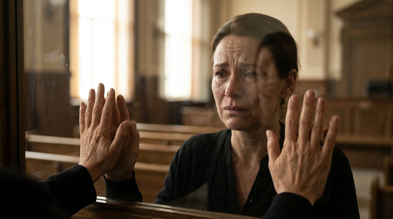 Femme en larmes pressant ses mains contre une vitre de tribunal