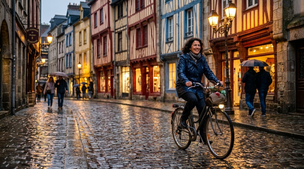 Femme à vélo sous la pluie à Rennes