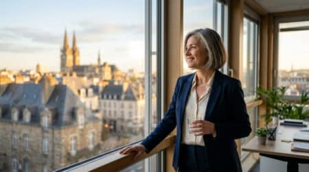 Femme active dans un bureau avec vue sur Rennes
