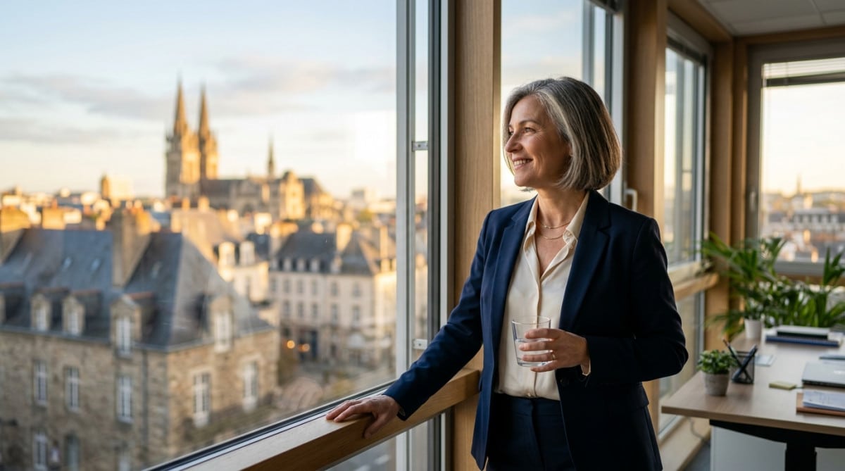 Femme active dans un bureau avec vue sur Rennes