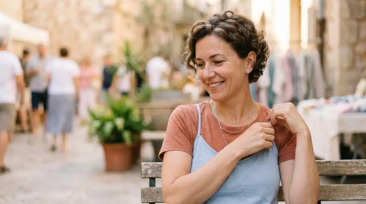 Femme ajustant sa bretelle de soutien-gorge avec sérénité