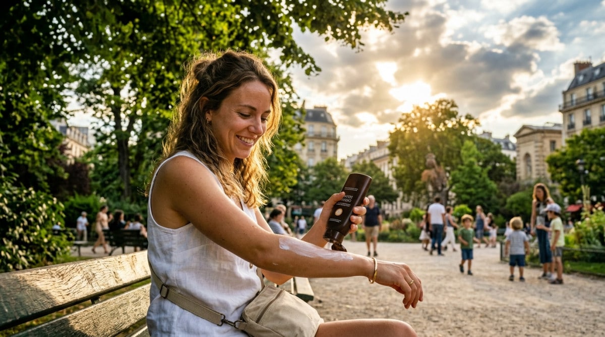 Femme appliquant de la crème solaire sous un ciel nuageux