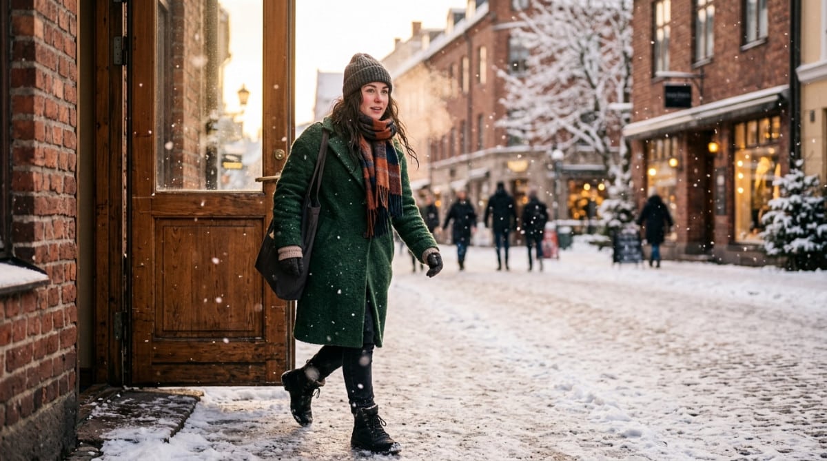 Femme aux cheveux mouillés sortant dans le froid hivernal