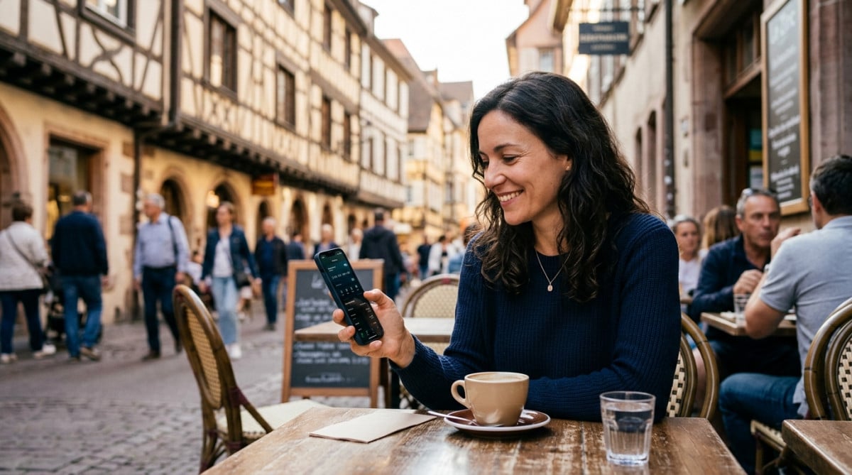 Femme consultant son épargne sur smartphone en terrasse