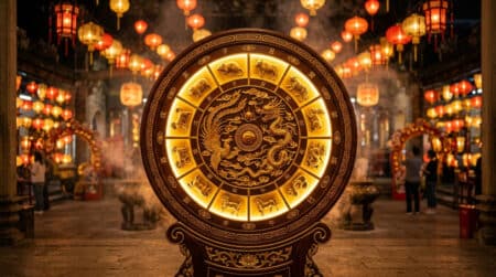 Femme contemplant une rivière lumineuse dans une ambiance mystique d'astrologie chinoise