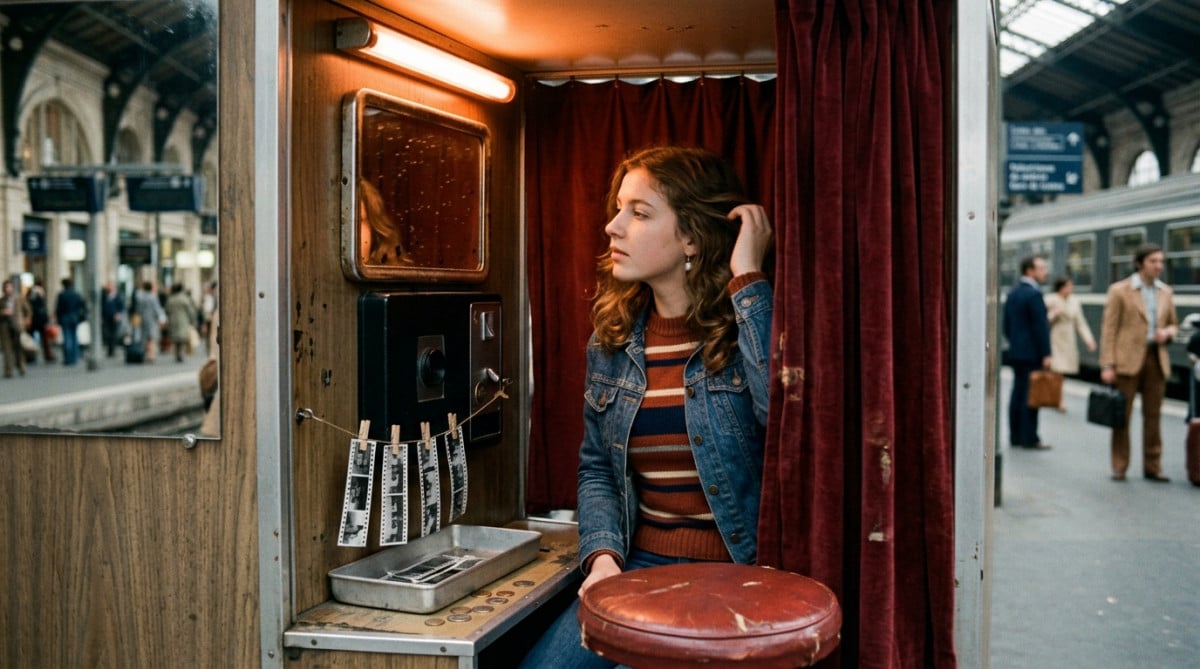 Femme dans une cabine Photomaton des années 70 avec rideau rouge