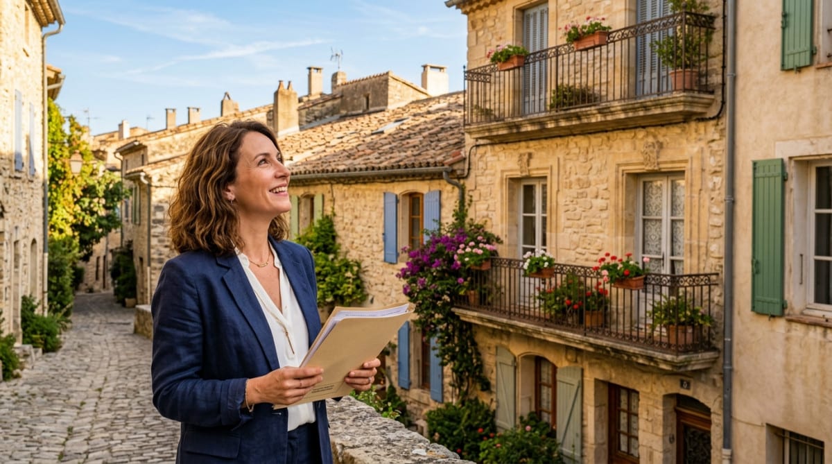 Femme découvrant un immeuble à investir dans une ville française