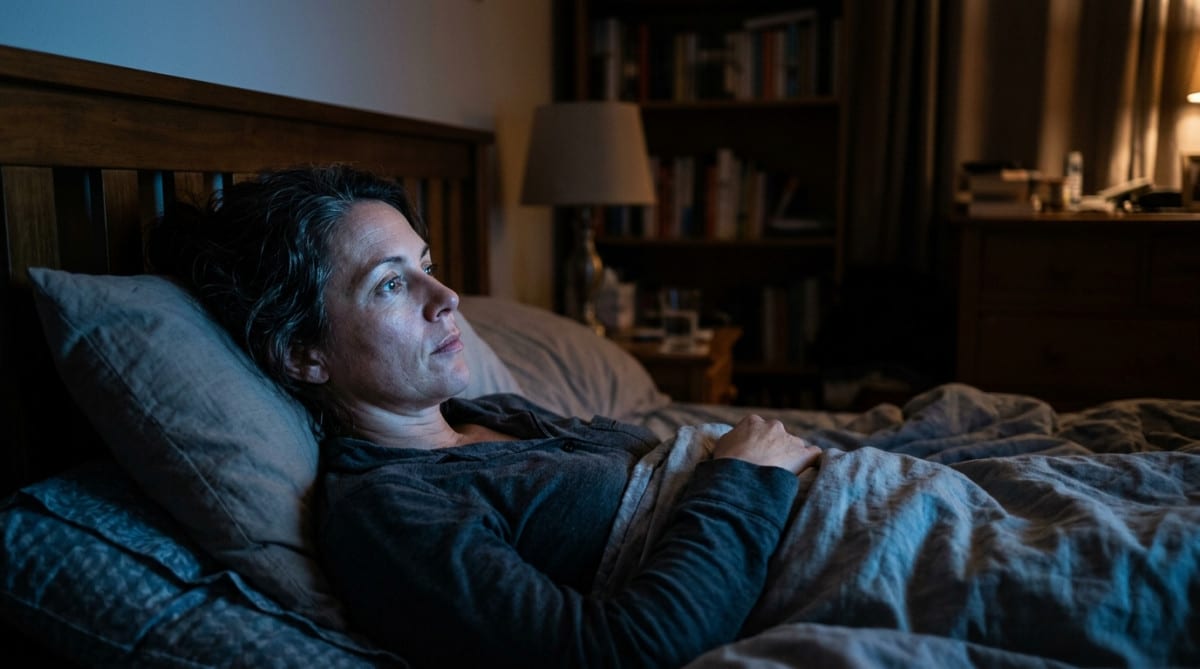 Femme éclairée par la lumière bleue d'une télévision la nuit