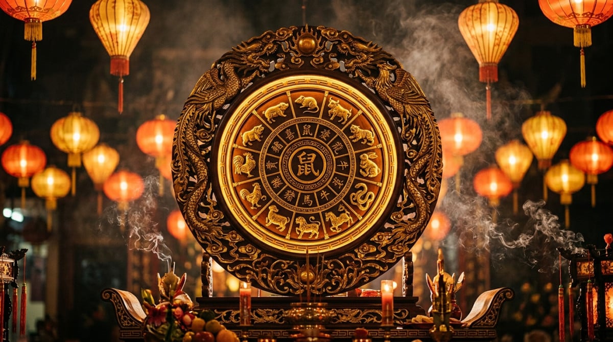 Femme en robe rouge et or méditant sous la Nouvelle Lune dans une ambiance mystique chaleureuse pour l'horoscope chinois du 14 juin 2026