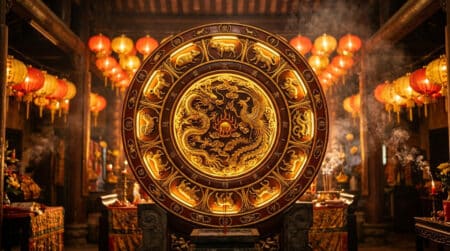 Femme en tenue dorée sous la pleine lune entourée d'énergie Métal-Yang pour l'horoscope chinois du 30 juin 2026