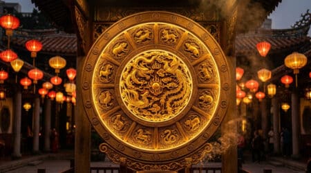 Femme en tenue dorée tenant une sphère de métal dans une ambiance mystique chinoise sous la lune