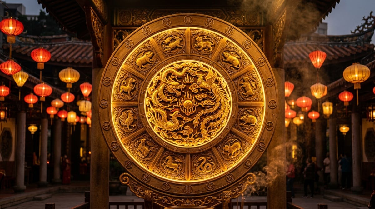 Femme en tenue dorée tenant une sphère de métal dans une ambiance mystique chinoise sous la lune