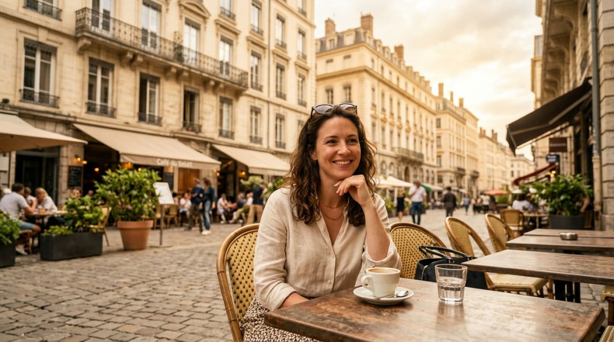 Femme en terrasse à Lyon sous un ciel couvert et chaud