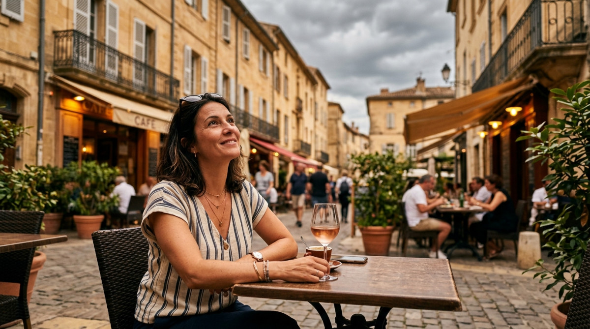 Femme en terrasse sous un ciel couvert en juin