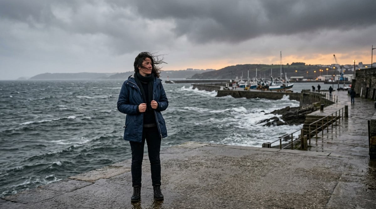 Femme face au vent et à la pluie sur le port de Brest