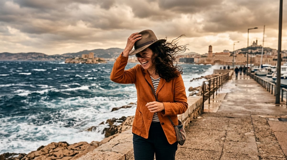 Femme face au vent sur le bord de mer à Marseille