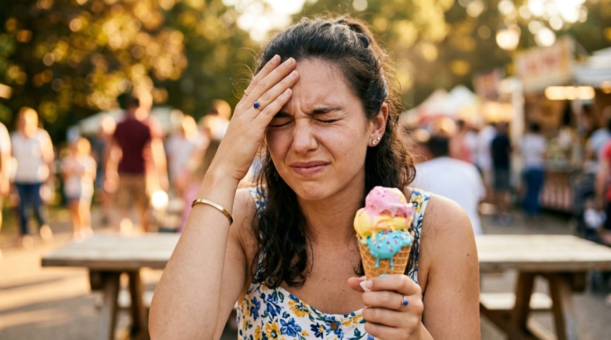 Femme grimaçant de douleur en mangeant une glace