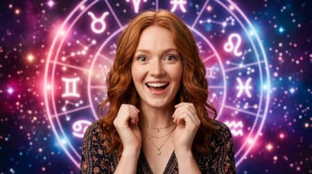 Femme les yeux fermés souriant sous un ciel étoilé mystique aux tons dorés et violets pour l'horoscope du 25 juin 2026