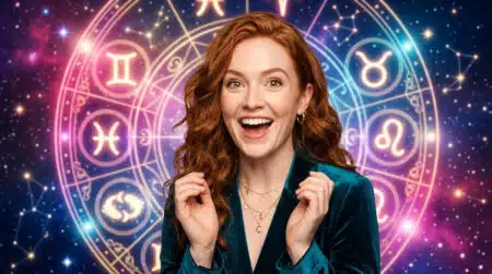 Femme les yeux fermés sous un ciel étoilé doré et mystique pour l'horoscope du 1er juillet 2026