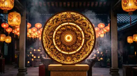 Femme méditant au bord d'un bassin éclairé par la lune dans une ambiance mystique d'astrologie chinoise