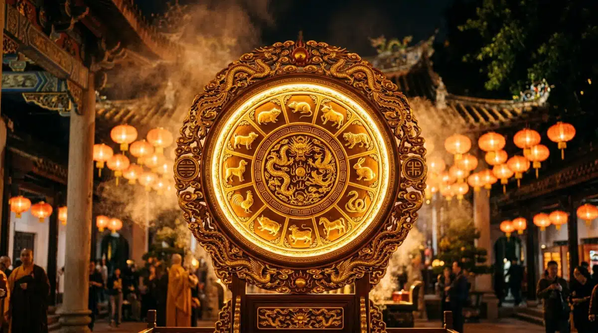 Femme méditant au bord d'un bassin éclairé par la lune dans une ambiance mystique pour l'horoscope chinois du 9 juin 2026