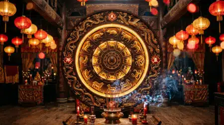 Femme méditant dans un jardin mystique chinois baigné de lumière dorée pour l'horoscope chinois du 19 juin 2026