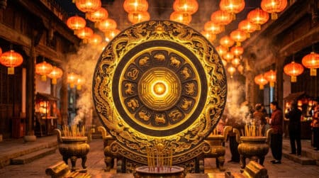 Femme méditant dans un temple doré avec une sphère de métal lumineux pour l'horoscope chinois du 3 juin 2026