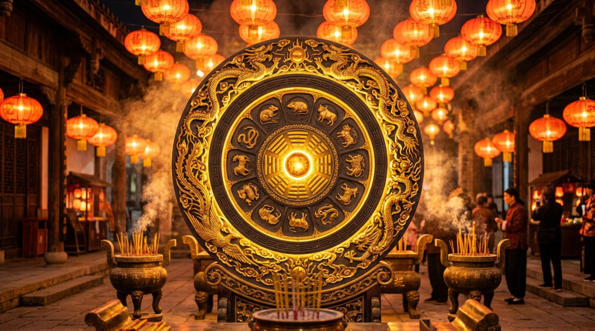 Femme méditant dans un temple doré avec une sphère de métal lumineux pour l'horoscope chinois du 3 juin 2026