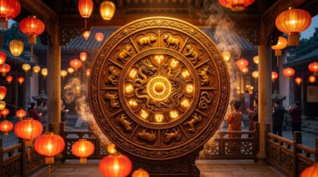 Femme méditant dans une ambiance mystique dorée avec les symboles du zodiaque chinois en arrière-plan