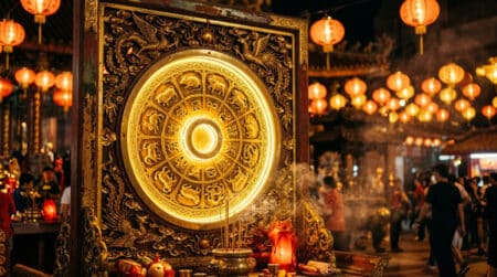 Femme méditant dans une ambiance mystique dorée pour l'horoscope chinois Métal-Yang du 8 juin 2026