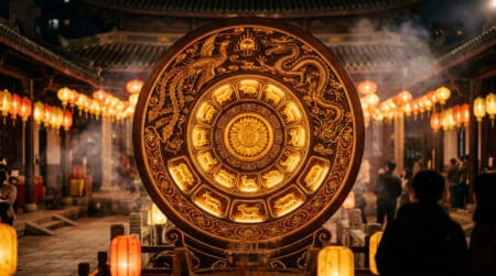 Femme méditant dans une lumière dorée avec des silhouettes du zodiaque chinois pour l'horoscope du 15 juin 2026