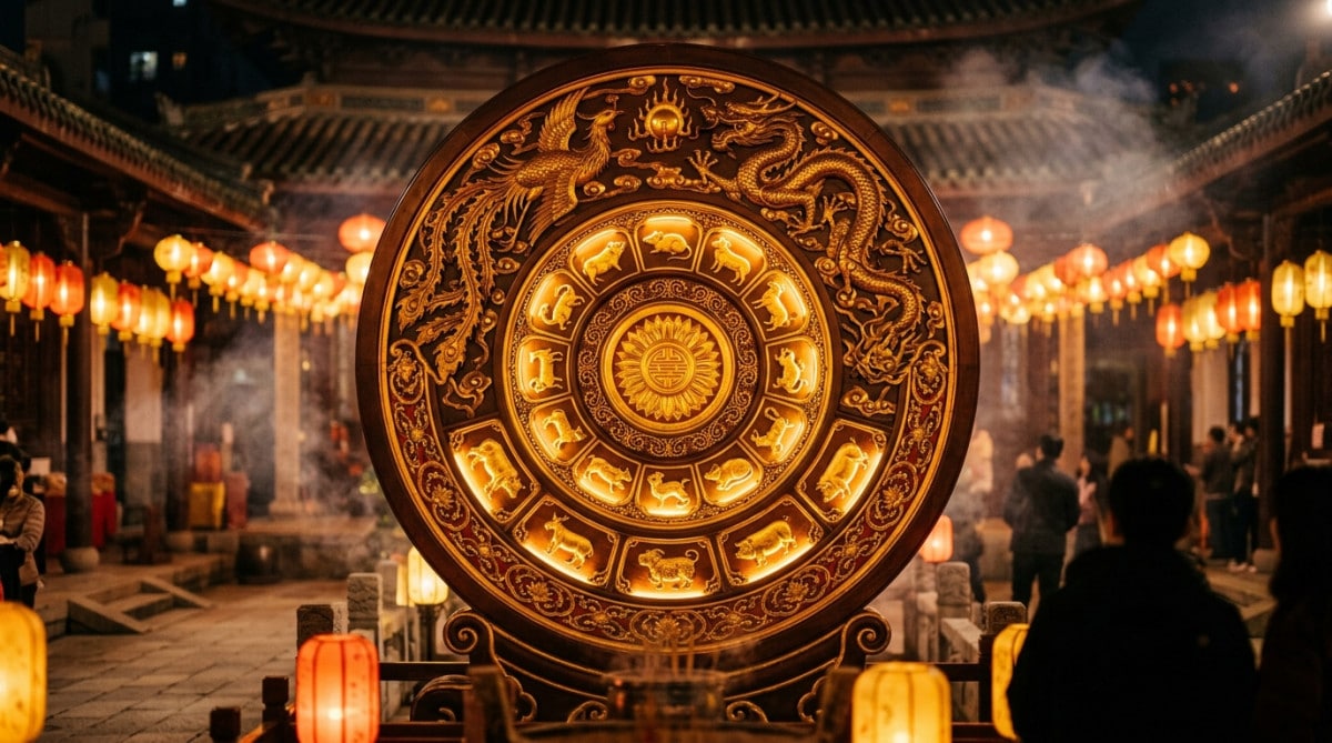 Femme méditant dans une lumière dorée avec des silhouettes du zodiaque chinois pour l'horoscope du 15 juin 2026