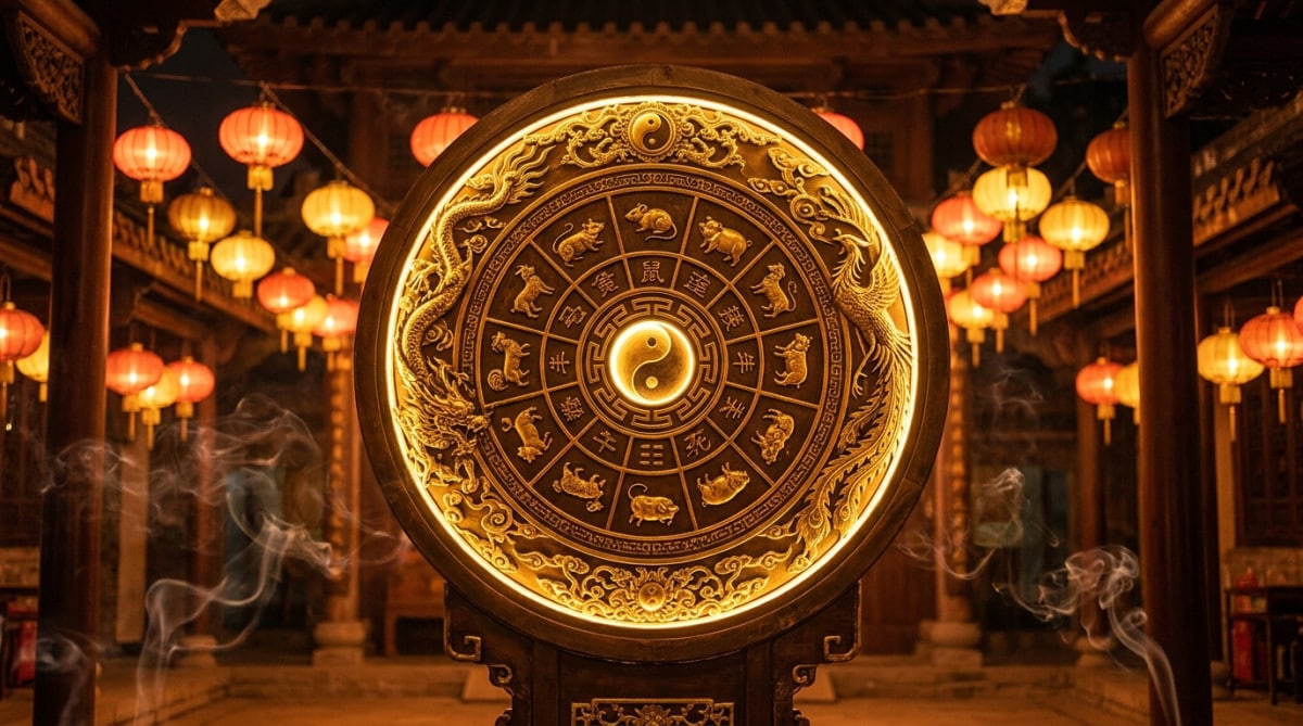 Femme méditant entourée des symboles du zodiaque chinois dans une lumière dorée et mystique