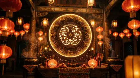 Femme méditant près d'un feu sacré au coucher du soleil pour le solstice d'été 2026 horoscope chinois